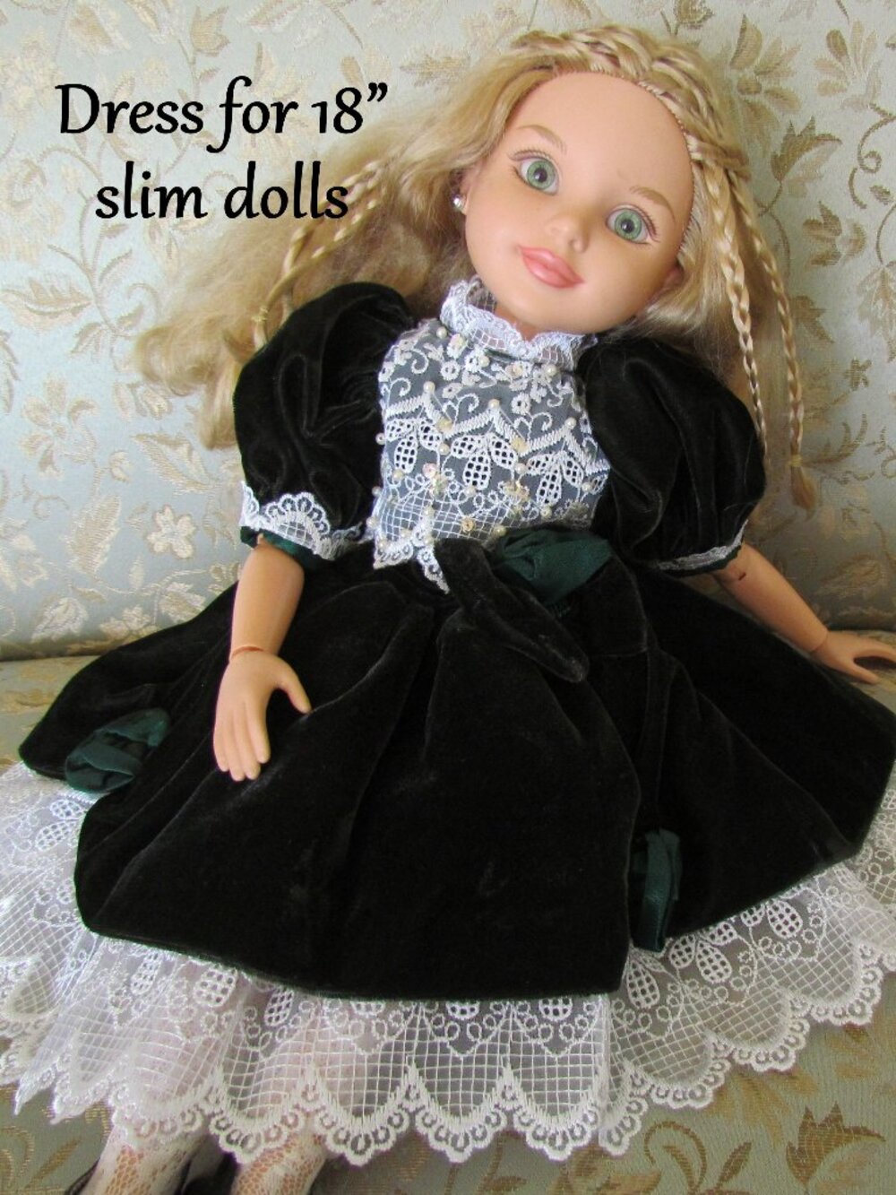 DOLL DRESS fits 18" SLIM DOLLS like BFC by MGA, DARK GREEN VELVET w LAVISH LACE
